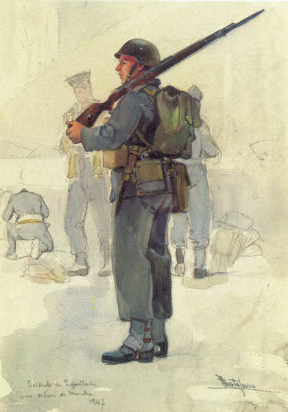 N 30 - Soldado de Infantaria em ordem de marcha (1947) - Edio Museu Militar, 1990 - Dim. 14,8x10,4 cm -  Aguarela de Alberto de Sousa - Col. Amlcar Monge da Silva