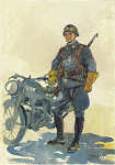 N 33 - Soldado Motorista; Lanceiros 2 (1947) - Edio Museu Militar, 1990 - Dim. 14,8x10,4 cm -  Aguarela de Alberto de Sousa - Col. Amlcar Monge da Silva