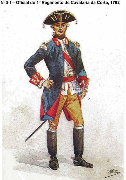 N 3-1 - Oficial do 1 Regimento de Cavalaria da Corte, 1762 - Aguarela do Cor. Ribeiro Artur - Edio Jornal do Exrcito, 1983 - Dim. 15x10,5 cm - Col. A. Monge da Silva.