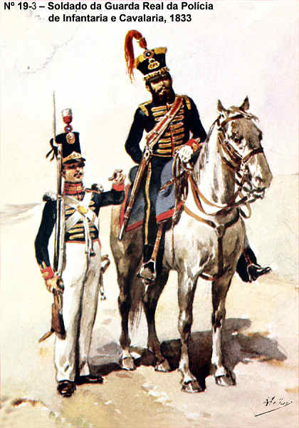 N 19-3 - Soldado da Guarda Real da Polcia de Infantaria e Cavalaria, 1833 - Aguarela do Cor. Ribeiro Artur - Edio Jornal do Exrcito, 1983 - Dim. 15x10,5 cm - Col. A. Monge da Silva.