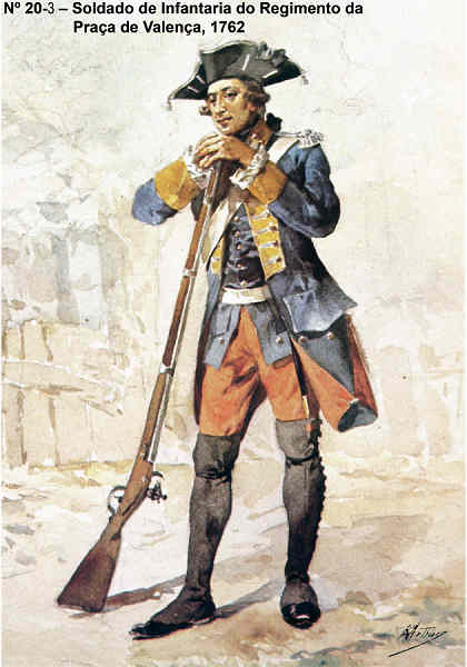 N 20-3 - Soldado de Infantaria do Regimento da Praa de Valena, 1762 - Aguarela do Cor. Ribeiro Artur - Edio Jornal do Exrcito, 1983 - Dim. 15x10,5 cm - Col. A. Monge da Silva.