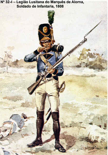 N 32-4 - Legio Lusitana do Marqus de Alorna, Soldado de Infantaria, 1808 - Aguarela do Cor. Ribeiro Artur - Edio Jornal do Exrcito, 1983 - Dim. 15x10,5 cm - Col. A. Monge da Silva