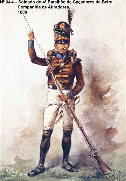 N 34-4 - Soldado do 4 Batalho de Caadores da Beira, companhia de Atiradores, 1808 - Aguarela do Cor. Ribeiro Artur - Edio Jornal do Exrcito, 1983 - Dim. 15x10,5 cm - Col. A. Monge da Silva