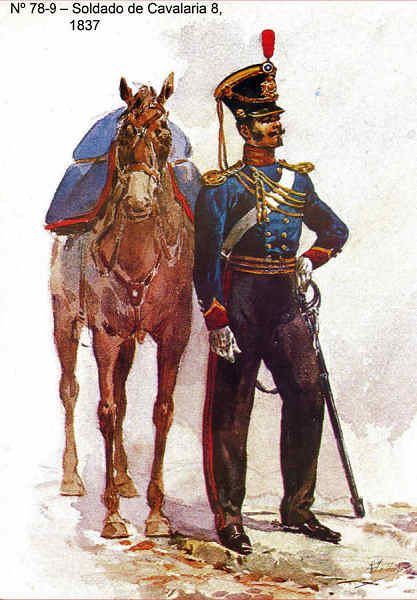 N 78-9 - Soldado de Cavalaria 8, 1837 - Aguarela do Cor. Ribeiro Artur - Edio Jornal do Exrcito, 1983 - Dim. 15x10,3 cm - Col. A. Monge da Silva