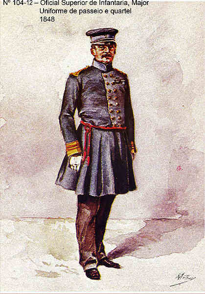 N 104-12 - Oficial Superior de Infantaria, Major, 1848, Uniforme de passeio e quartel - Aguarela do Cor. Ribeiro Artur - Edio Jornal do Exrcito, 1983 - Dim. 15x10,3 cm - Col. A. Monge da Silva