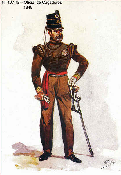 N 107-12 - Oficial de Caadores, 1848 - Aguarela do Cor. Ribeiro Artur - Edio Jornal do Exrcito, 1983 - Dim. 15x10,3 cm - Col. A. Monge da Silva