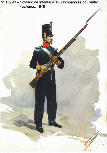 N 109-13 - Soldado de Infantaria 15, Companhias do Centro, Fuzileiros, 1848 - Aguarela do Cor. Ribeiro Artur - Edio Jornal do Exrcito, 1983 - Dim. 15x10,3 cm - Col. A. Monge da Silva