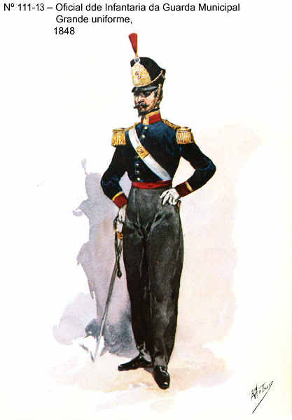 N 111-13 - Oficial de Infantaria da Guarda Municipal, Grande uniforme, 1848 - Aguarela do Cor. Ribeiro Artur - Edio Jornal do Exrcito, 1983 - Dim. 15x10,3 cm - Col. A. Monge da Silva