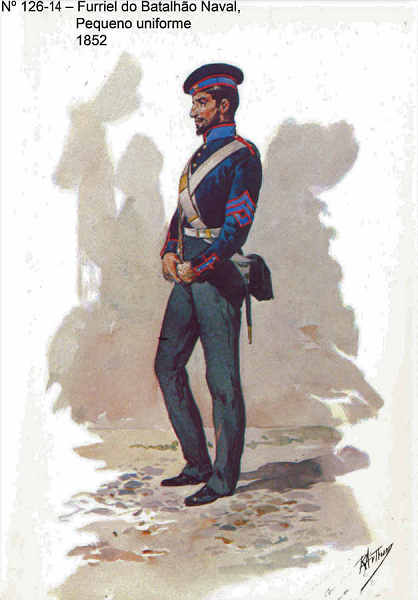 N 126-14 - Furriel do Batalho Naval, Pequeno uniforme, 1852 - Aguarela do Cor. Ribeiro Artur - Edio Jornal do Exrcito, 1985 - Dim. 15x10,3 cm - Col. A. Monge da Silva