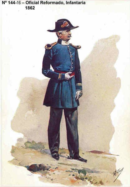 N 144-16 - Oficial Reformado, Infantaria, 1862 - Aguarela do Cor. Ribeiro Artur - Edio Jornal do Exrcito, 1985 - Dim. 15x10,3 cm - Col. A. Monge da Silva