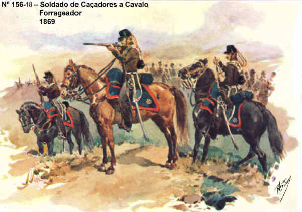 N 156-18 - Soldado de Caadores a Cavalo, Forrageador, 1869 - Aguarela do Cor. Ribeiro Artur - Edio Jornal do Exrcito, 1985 - Dim. 15x10,3 cm- Col. A. Monge da Silva