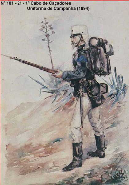 N 181-21 - 1 Cabo de Caadores, Uniforme de Campanha, 1894 - Aguarela do Cor. Ribeiro Artur - Edio Jornal do Exrcito, 1987 - Dim. 15x10,3 cm - Col. A. Monge da Silva