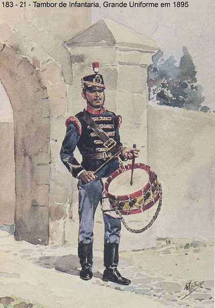 N 183-21 - Tambor de Infantaria, Grande Uniforme, 1895 - Aguarela do Cor. Ribeiro Artur - Edio Jornal do Exrcito, 1987 - Dim. 15x10,3 cm - Col. A. Monge da Silva