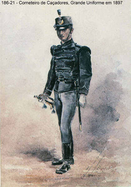 N 186-21 - Corneteiro de Caadores, Grande Uniforme, 1897 - Aguarela do Cor. Ribeiro Artur - Edio Jornal do Exrcito, 1987 - Dim. 15x10,3 cm - Col. A. Monge da Silva