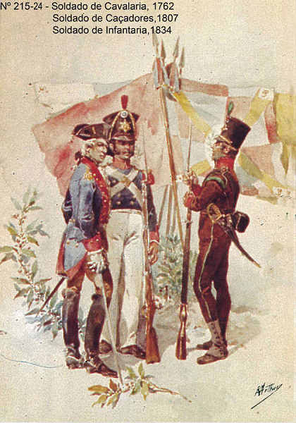 N 215-24 - Soldado de Cavalaria em 1762, Soldado de Caadores em 1807 e soldado de Infantaria, 1834 - Aguarela do Cor. Ribeiro Artur - Edio Jornal do Exrcito, 1987 - Dim. 15x10,3 cm - Col. A. Monge da Silva