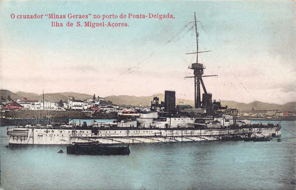 SN- Cruzador Brasileiro Minas Geraes em Ponta Delgada - Edio annima - Dim. 13,7x8,9 cm - Col. Amlcar Monge da Silva (cerca de 1910)