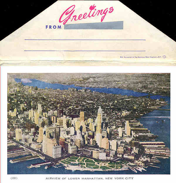 P 101 - New York City; c.1950 - Air view of Lower Manhattan - Editor The American News Co, New York - Dim. 15,3x10,2 cm - Col. A. Monge da Silva (cerca de 1950)