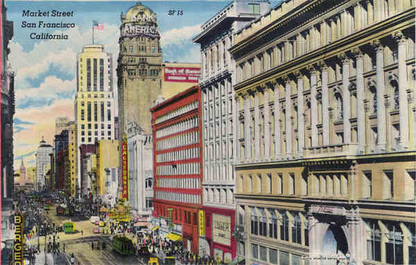 SF15 - San Francisco - Market Street - Edio annima Foto de Redwood Empire Assm - Dim. 13,7x8,8 cm - Col. Amlcar Monge da Silva (1940)
