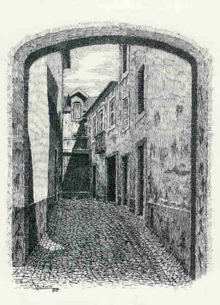 N 8 - Beco do Isaac - Desenho de Arsnio Ressurreio - Ed. da Associao de Defesa do Patrimnio Histrico e Cultural de Santarm - 1990 - Dim. 10,5x15,1 cm - Col. Miguel Soares Lopes