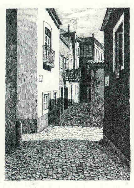 N 13 - Beco dos Agulheiros - Desenho de Arsnio Ressurreio - Ed. da Associao de Defesa do Patrimnio Histrico e Cultural de Santarm - 1990 - Dim. 10,5x15,1 cm - Col. Miguel Soares Lopes