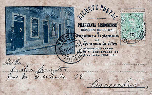 SN - Portugal. Caldas da Rainha - Postal comercial da Farmcia Lisbonense - Circulado em 1905 - Dim 90x140 mm - Col. Miguel Chaby