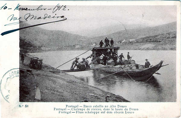N 51 - Barco Rebello carregado no Alto Douro - Editor correios - Dim. 140x91 mm - Usado em 10NOV1912 - Col. A. Monge da Silva (c. 1905)