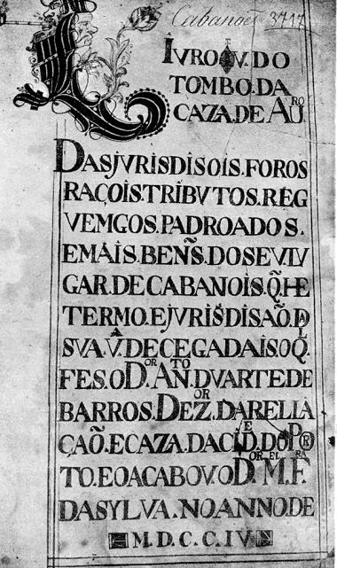 Reprocuo da primeira folha do volume do Tombo da Casa de Aveiro.