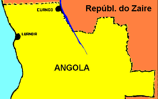Parte norte de Angola, mostrando a localizao do Cuango, junto ao rio Cuango e  Repblica do Zaire.