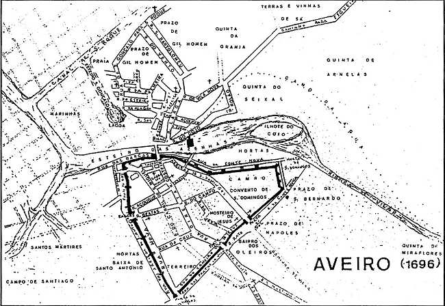 Planta de Aveiro em 1696. Clicar para ampliar.