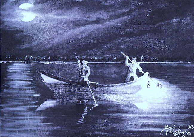 A pesca ao candeio. Pintura de José de Oliveira. Clicar para ampliar