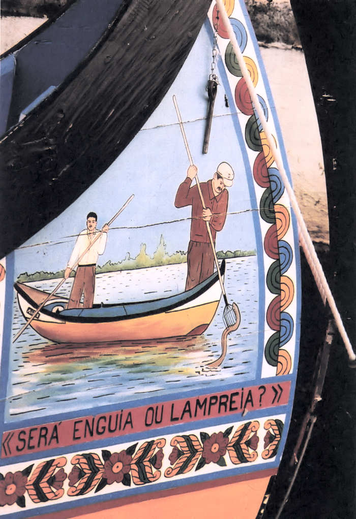 Painel da ré de um moliceiro, alusivo à pesca da enguia: «Será enguia ou lampreia?»